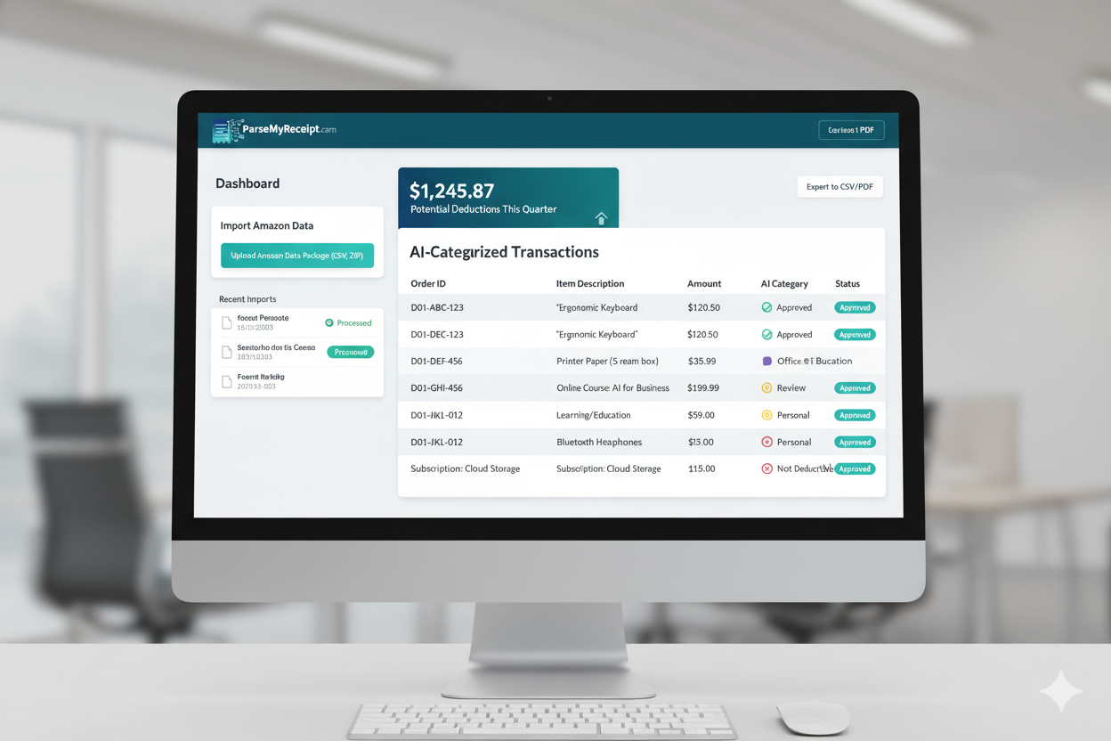 ParseMyReceipt dashboard showing AI-categorized transactions and deductions